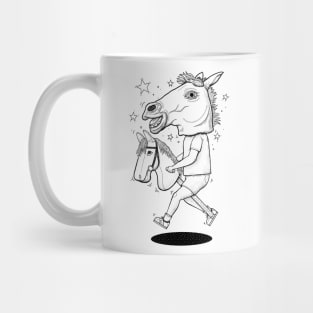 Surreal Hobby Horse Show Jumping Kid Black and White Mug